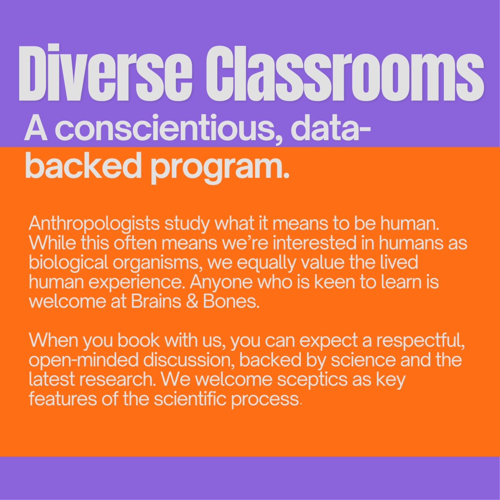 Diverse Classrooms: a conscientious data-backed program. Anthropologists study what it means to be human. While this often means we’re interested in humans as biological organisms, we equally value the lived human experience. Anyone who is keen to learn is welcome at Brains & Bones. When you book with us, you can expect a respectful, open-minded discussion, backed by science and the latest research. We welcome sceptics as key features of the scientific process. 